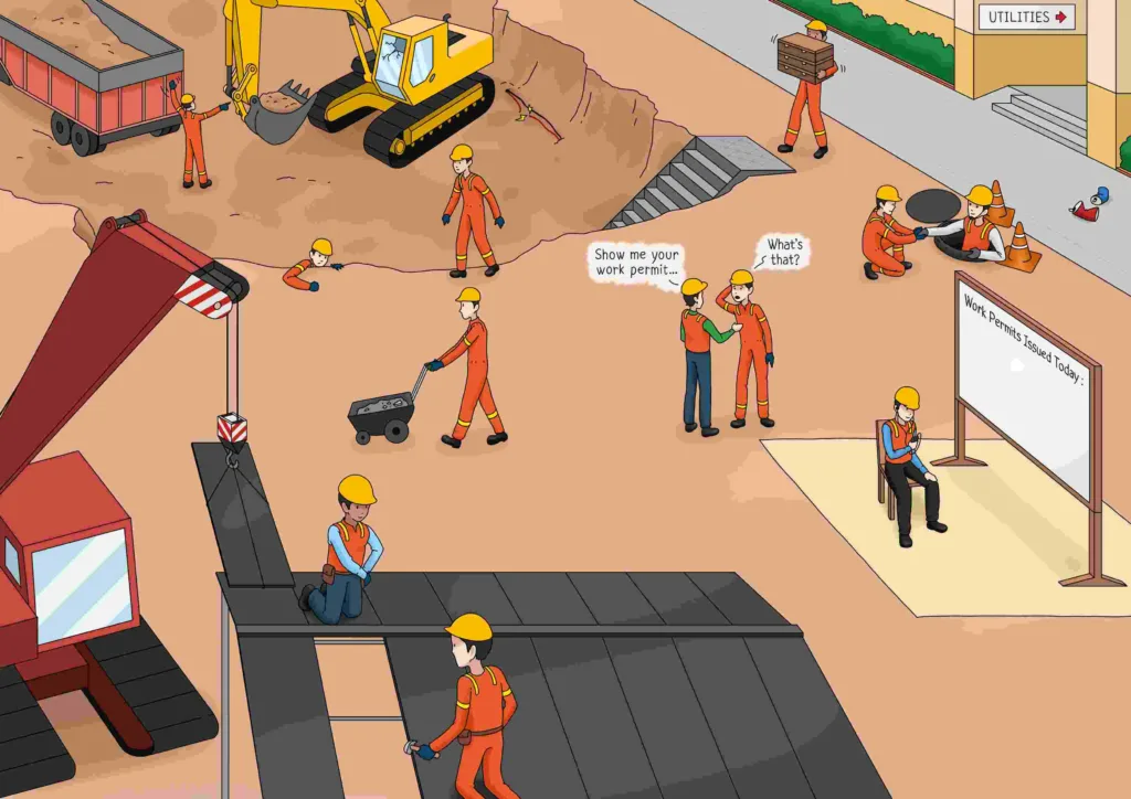 Spot the Hazard interactive image highlighting common construction safety risks, including falling objects, unsafe scaffolding, improper PPE use, and confined spaces.